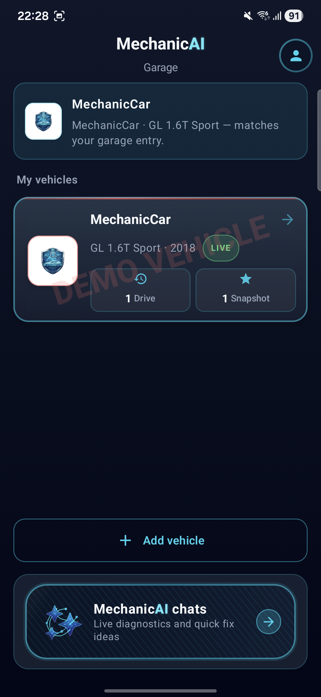 MechanicAI Garage screen