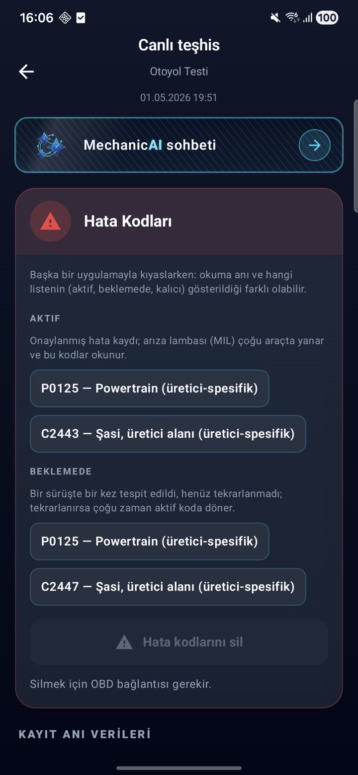 Hata kodları ekranı