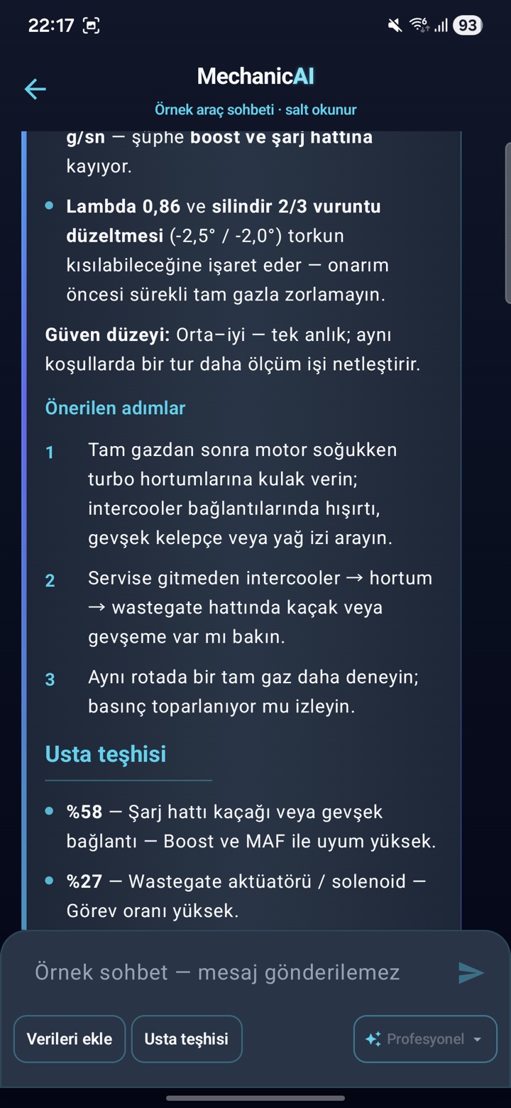 MechanicAI yapay zeka sohbet ekranı